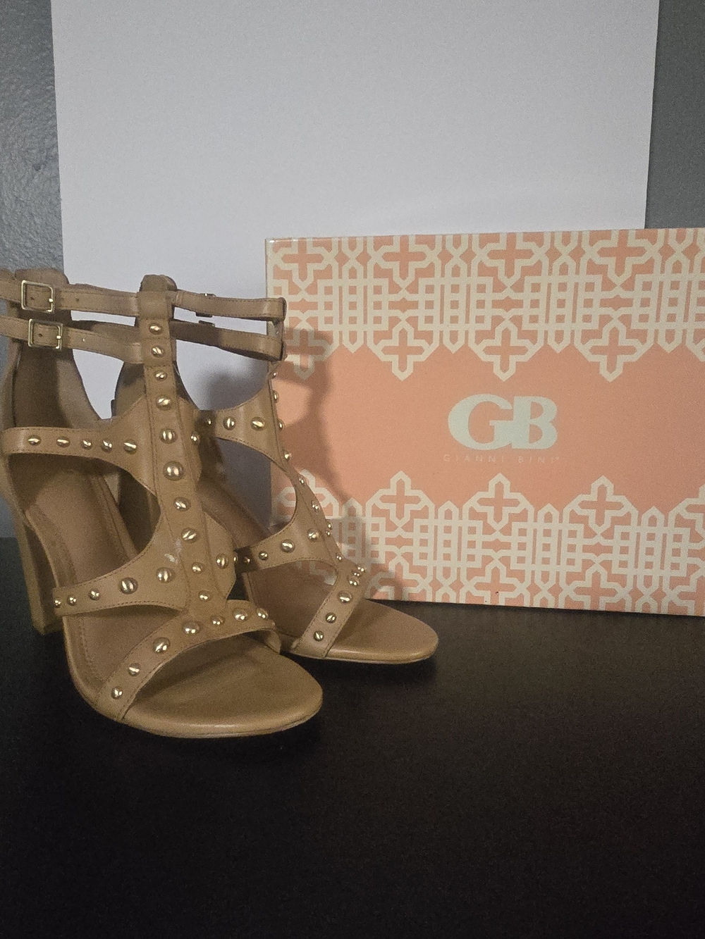 Gianni Bini Tan Studded T-Strap Block Heels
